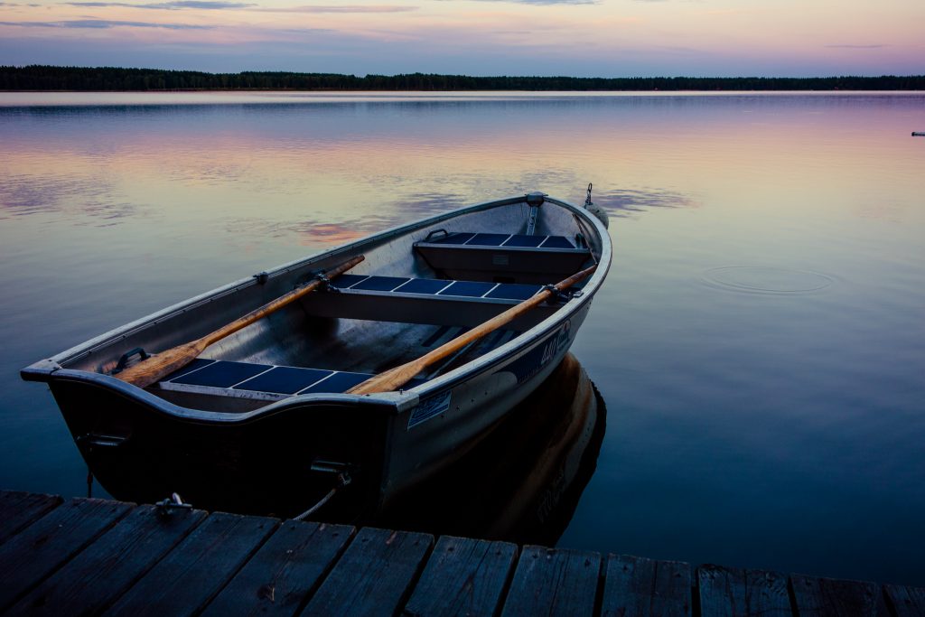 rowboat at sunset